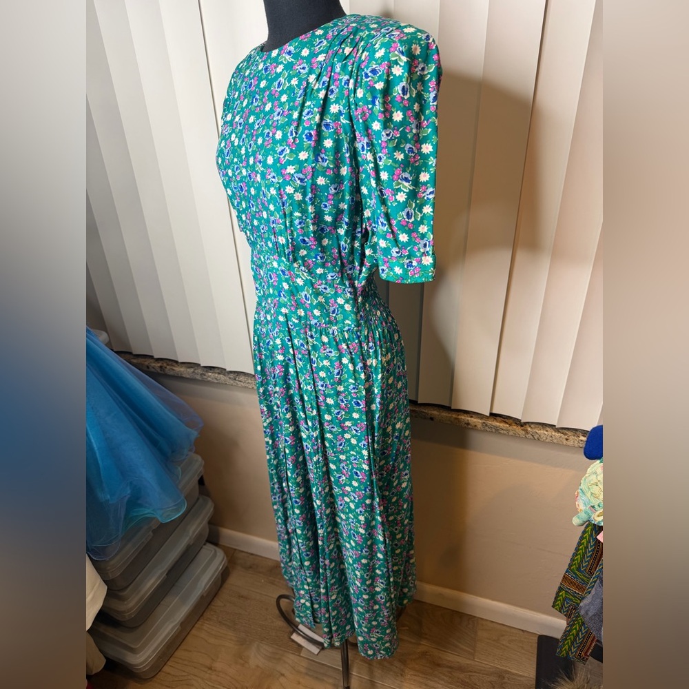 Vintage Karin Stevens teal floral dress short puff sleeve drop waist pleated 12 - Picture 3 of 8